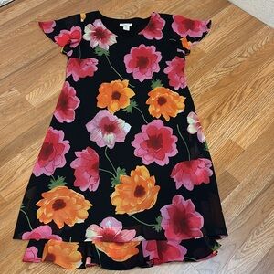 Vintage 1990’s Miss Dorby black vibrant pink and orange floral dress. Size 14.
